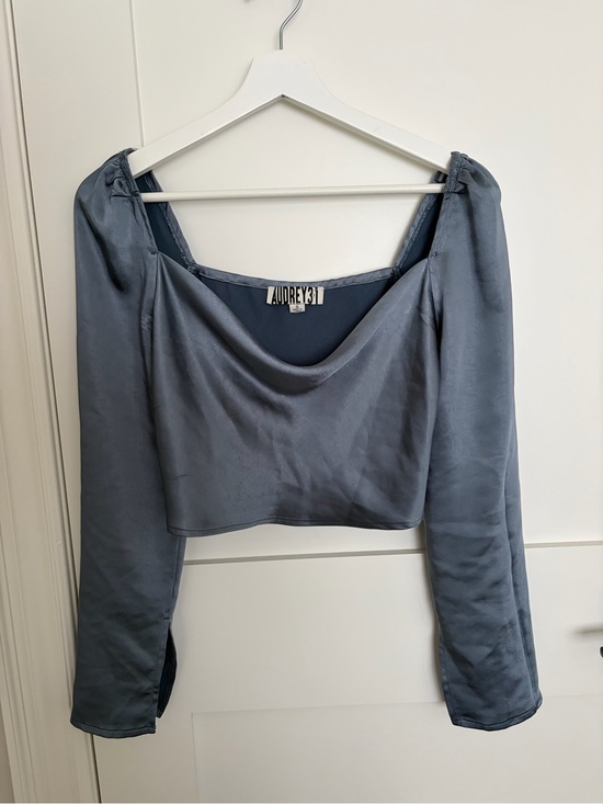 Audrey 3+1 Tops - Audrey 3+1 Steel Blue Satin Draped Long-Sleeve Crop Top